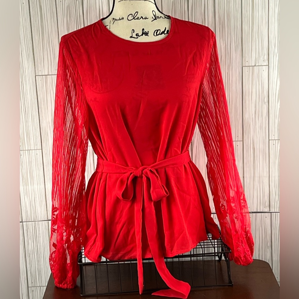 Shein Red Long Sleeve Lacy Gathered Cuffs Top